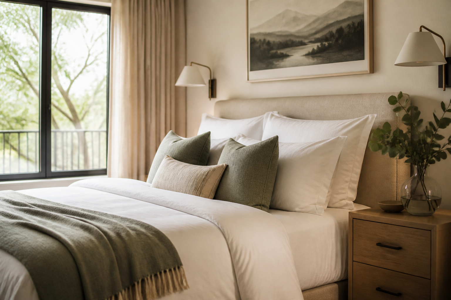 Luxury vacation rental bedroom with crisp white linens, professionally cleaned and prepared for guests