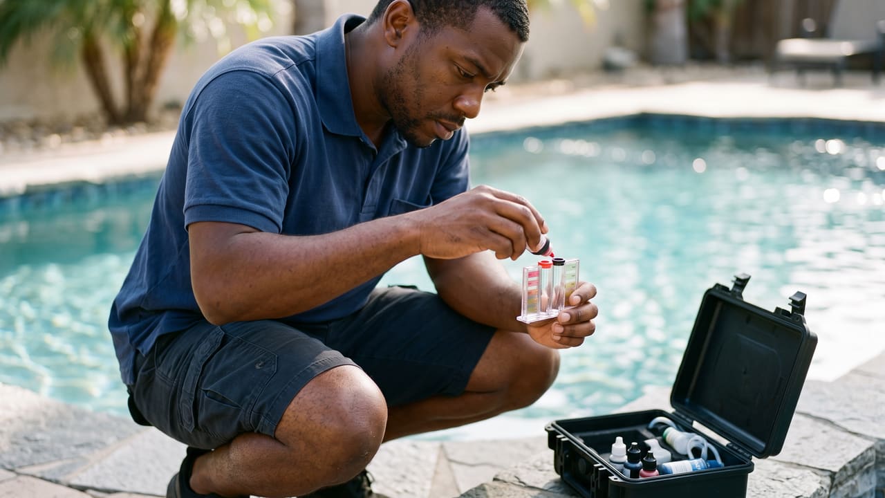 A pool technician testing the water chemistry at the edge of a pool.