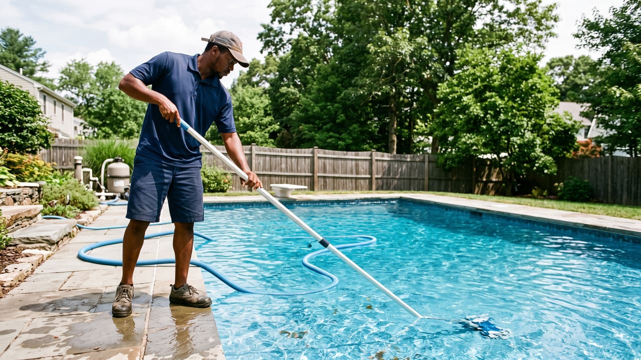 A pool technician vacuuming the floor of an in-ground pool.